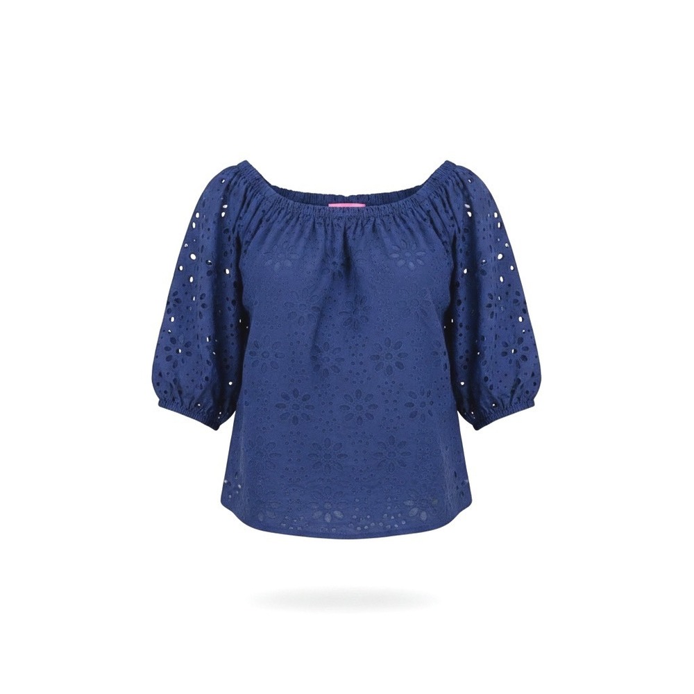 Lilly Pulitzer Kerrigan Elbow Sleeve Top Navy Eyelet Blouse 013179 XL